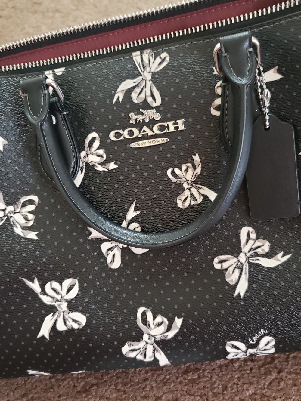 Coach Black Leather Satchel with White Bow Print